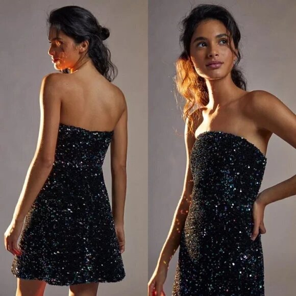 Shoshanna Jamie Sequined Strapless Black Cocktail Mini Dress NWT Size 12 - Picture 9 of 16